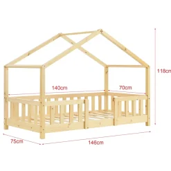 [En.Casa] Lit d'Enfant Forme Maison avec Grille de Protection Treviolo 140 x 70 cm Bois Naturel en.casa New