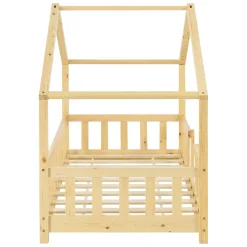 [En.Casa] Lit d'Enfant Forme Maison avec Grille de Protection Treviolo 140 x 70 cm Bois Naturel en.casa New