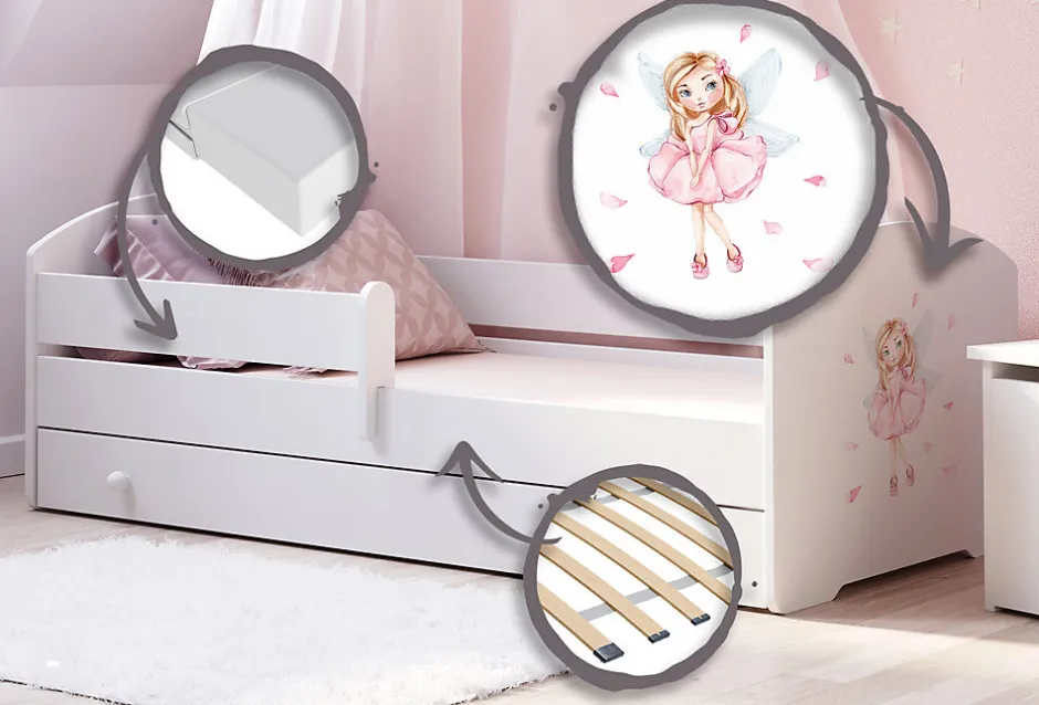 Kobi Lit d'enfant LUK avec tiroir et barreaux 160x80 Fille avec ailes