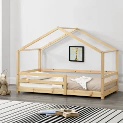 Enfant [En.Casa] Lit d'Enfant Maison avec Barreaux de Sécurité Knätten Pin 90 x 200 cm Bois Naturel en.casa