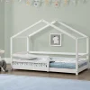 [En.Casa] Lit d'Enfant Maison avec Barreaux de Sécurité Knätten Pin 70 x 140 cm Blanc Mat Laqué en.casa Outlet