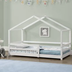 [En.Casa] Lit d'Enfant Maison avec Barreaux de Sécurité Knätten Pin 70 x 140 cm Blanc Mat Laqué en.casa Outlet