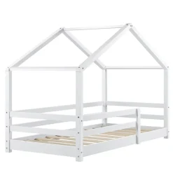 [En.Casa] Lit d'Enfant Maison avec Barreaux de Sécurité Knätten Pin 70 x 140 cm Blanc Mat Laqué en.casa Outlet