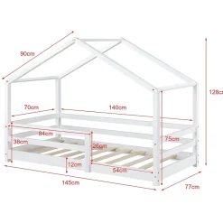 [En.Casa] Lit d'Enfant Maison avec Barreaux de Sécurité Knätten Pin 70 x 140 cm Blanc Mat Laqué en.casa Outlet