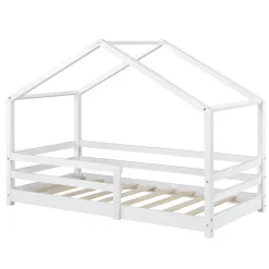 [En.Casa] Lit d'Enfant Maison avec Barreaux de Sécurité Knätten Pin 70 x 140 cm Blanc Mat Laqué en.casa Outlet