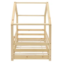 [En.Casa] Lit d'Enfant Maison avec Barreaux de Sécurité Knätten Pin 70 x 140 cm Bois Naturel en.casa Discount