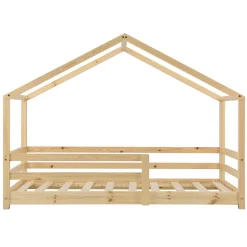 [En.Casa] Lit d'Enfant Maison avec Barreaux de Sécurité Knätten Pin 70 x 140 cm Bois Naturel en.casa Discount