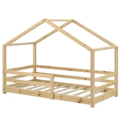 [En.Casa] Lit d'Enfant Maison avec Barreaux de Sécurité Knätten Pin 70 x 140 cm Bois Naturel en.casa Discount