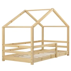 [En.Casa] Lit d'Enfant Maison avec Barreaux de Sécurité Knätten Pin 70 x 140 cm Bois Naturel en.casa Discount