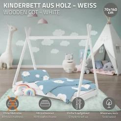 Enfant Ml-Design Lit d'enfant Tipi 70x140 cm blanc simple en bois de pin sommier à lattes style indien