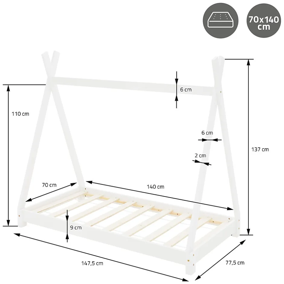 Enfant Ml-Design Lit d'enfant Tipi 70x140 cm blanc simple en bois de pin sommier à lattes style indien