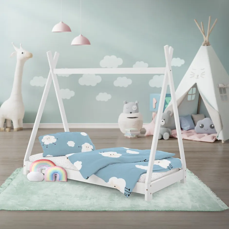 Enfant Ml-Design Lit d'enfant Tipi 70x140 cm blanc simple en bois de pin sommier à lattes style indien