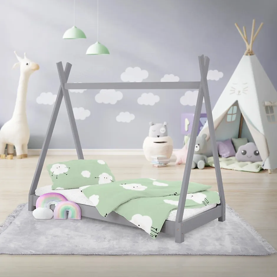 Ml-Design Lit d'enfant Tipi 70x140 cm gris clair simple en bois de pin sommier à lattes style indien Clearance