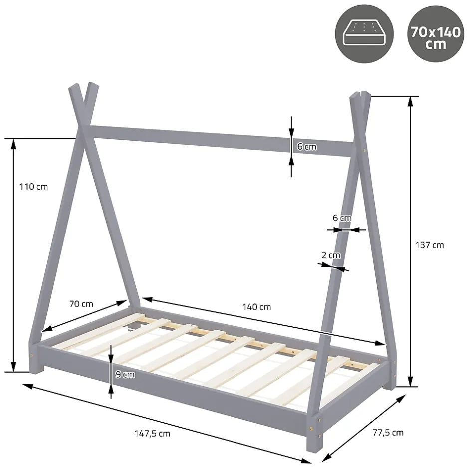 Ml-Design Lit d'enfant Tipi 70x140 cm gris clair simple en bois de pin sommier à lattes style indien Clearance