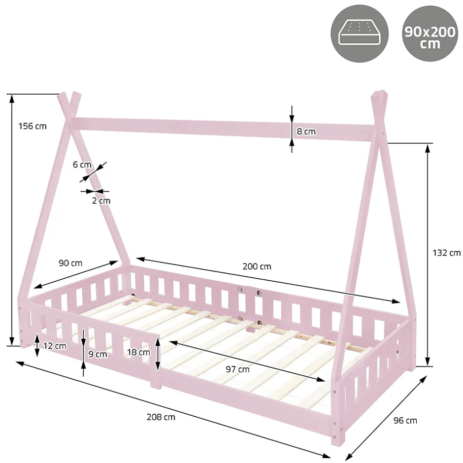 Ml-Design Lit d'enfant Tipi 90x200 cm rose cadre en bois de pin style indien avec matelas H:10 cm