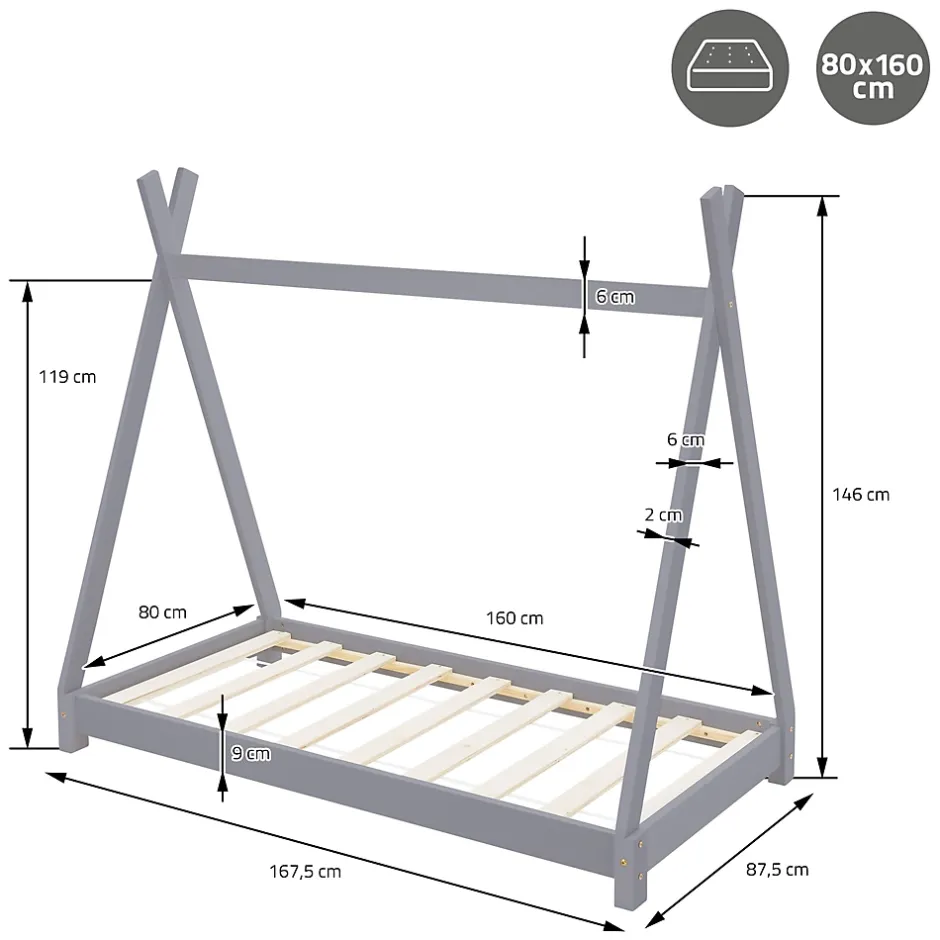 Ml-Design Lit d'enfant Tipi 80x160 cm gris clair simple bois de pin avec sommier lattes style indien