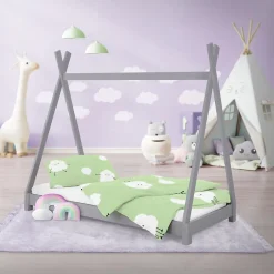 Ml-Design Lit d'enfant Tipi 80x160 cm gris clair simple bois de pin avec sommier lattes style indien