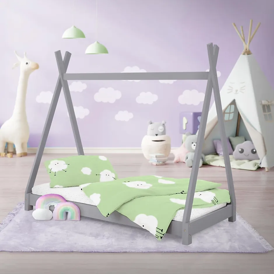 Ml-Design Lit d'enfant Tipi 80x160 cm gris clair simple bois de pin avec sommier lattes style indien