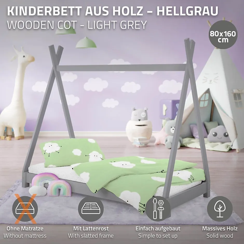 Ml-Design Lit d'enfant Tipi 80x160 cm gris clair simple bois de pin avec sommier lattes style indien