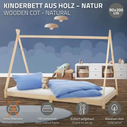 Ml-Design Lit d'enfant Tipi 90x200 cm naturel simple bois de pin avec sommier à lattes style indien Discount