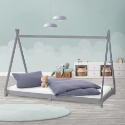 Enfant Ml-Design Lit d'enfant Tipi 90x200 cm gris clair simple en bois de pin sommier à lattes style indien