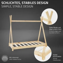 Enfant Ml-Design Lit d'enfant Tipi 70x140cm naturel en bois de pin massif avec sommier matelas style indien