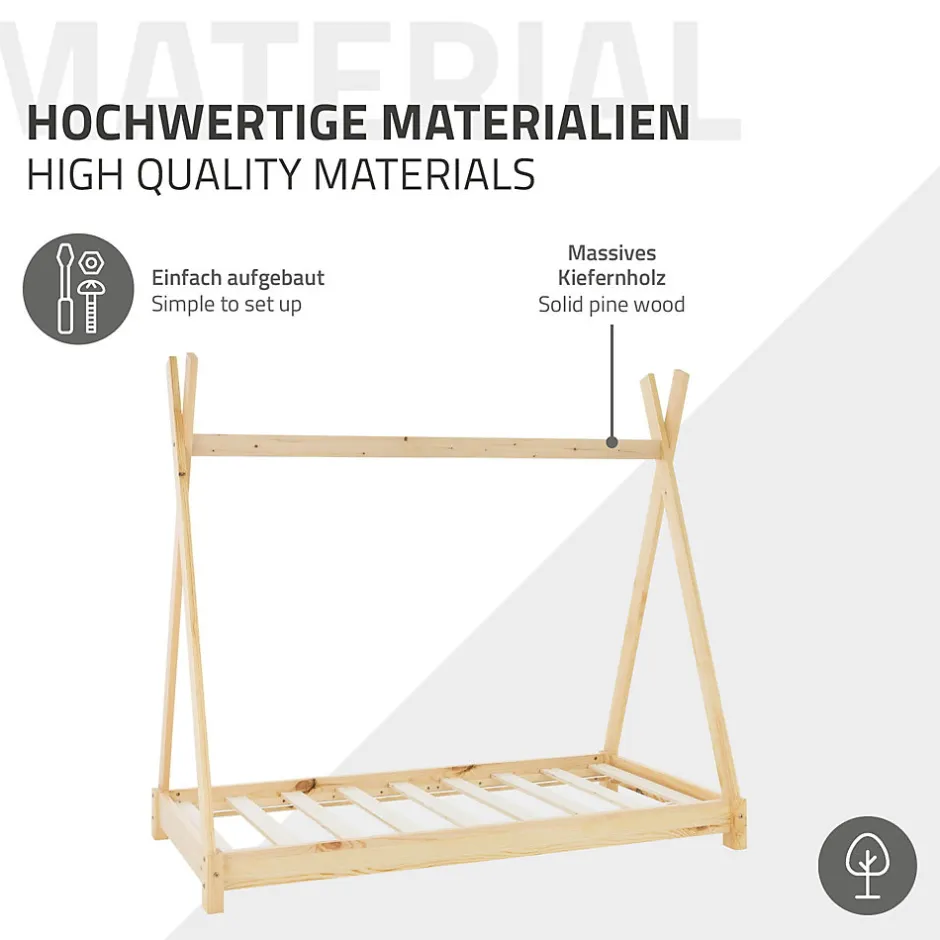Enfant Ml-Design Lit d'enfant Tipi 70x140cm naturel en bois de pin massif avec sommier matelas style indien