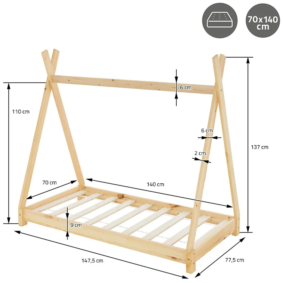 Enfant Ml-Design Lit d'enfant Tipi 70x140cm naturel en bois de pin massif avec sommier matelas style indien