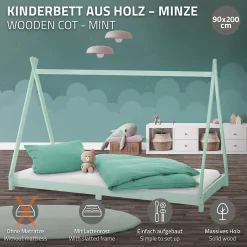 Enfant Ml-Design Lit d'enfant Tipi 90x200cm menthe simple en bois de pin avec sommier à lattes style indien
