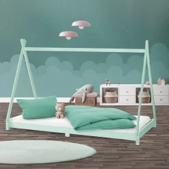 Enfant Ml-Design Lit d'enfant Tipi 90x200cm menthe simple en bois de pin avec sommier à lattes style indien