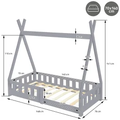 Ml-Design Lit d'enfant Tipi 70x140 cm gris clair en bois de pin avec sommier matelas style indien Best