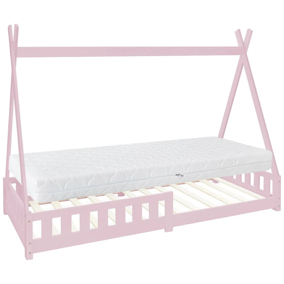 Enfant Ml-Design Lit d'enfant Tipi 90x200 cm rose en bois de pin massif avec matelas H:16 cm style indien