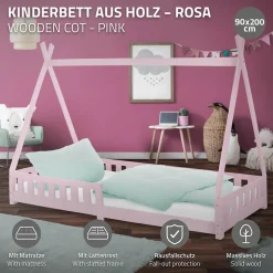 Enfant Ml-Design Lit d'enfant Tipi 90x200 cm rose en bois de pin massif avec matelas H:16 cm style indien