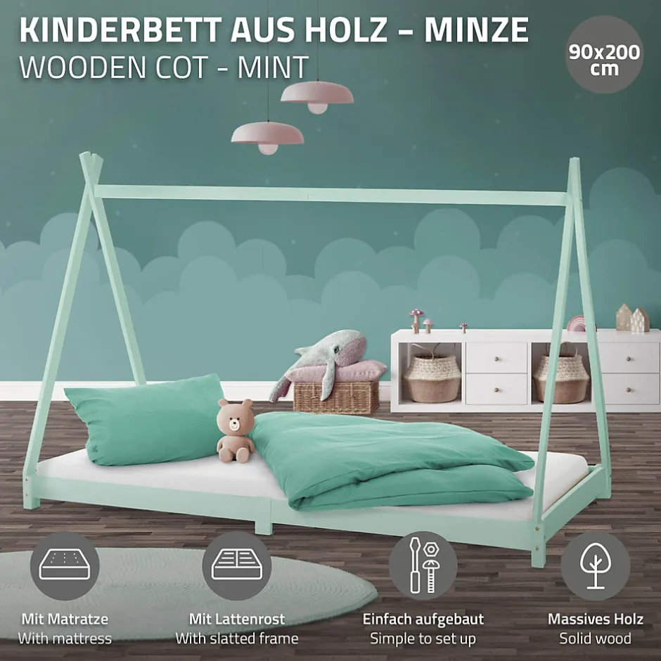 Enfant Ml-Design Lit d'enfant Tipi 90x200 cm menthe en bois de pin massif style indien avec matelas H:10 cm