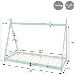 Enfant Ml-Design Lit d'enfant Tipi 90x200 cm menthe en bois de pin massif style indien avec matelas H:10 cm