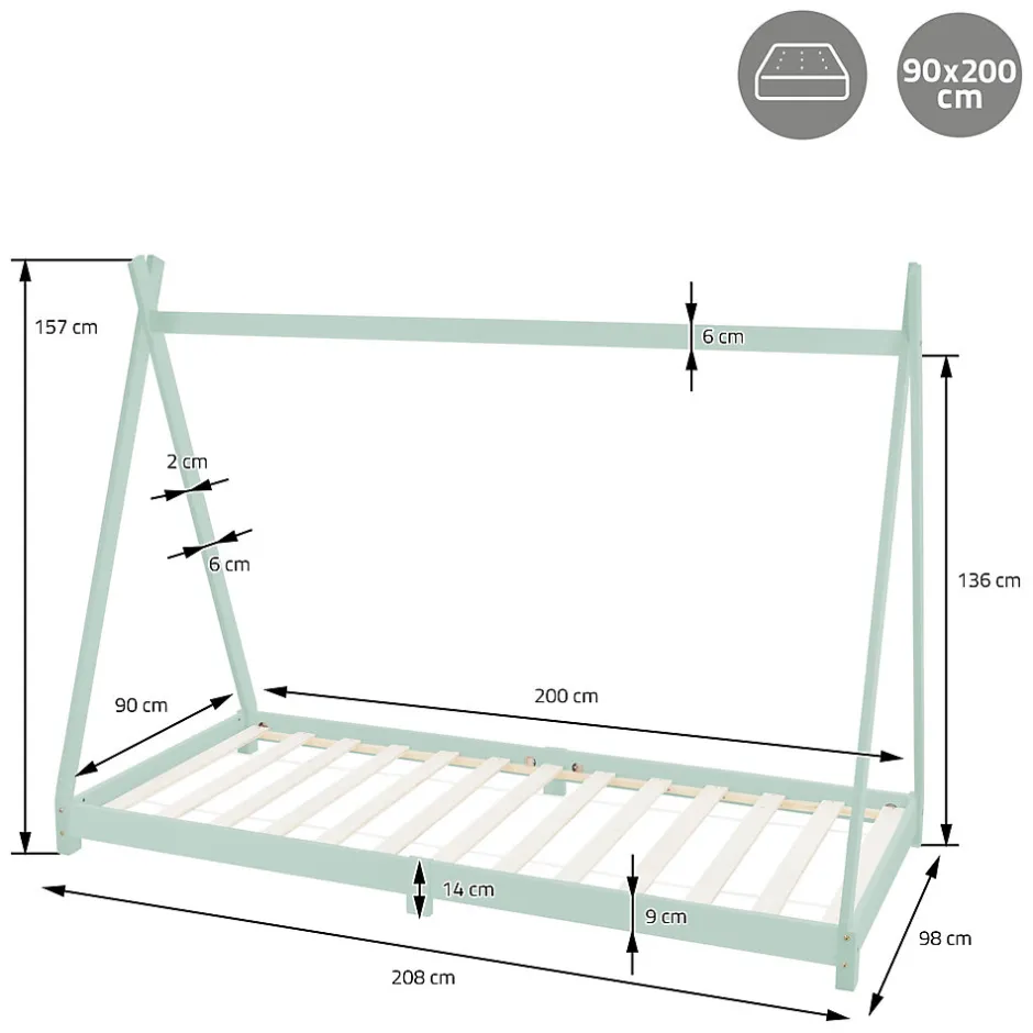 Enfant Ml-Design Lit d'enfant Tipi 90x200 cm menthe en bois de pin massif style indien avec matelas H:10 cm