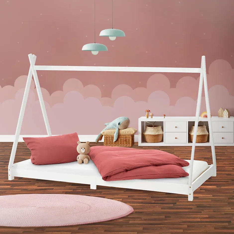 Ml-Design Lit d'enfant Tipi 90x200 cm blanc simple en bois de pin avec sommier à lattes style indien