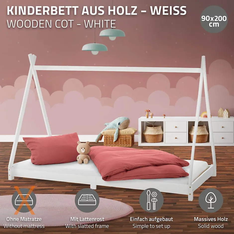 Ml-Design Lit d'enfant Tipi 90x200 cm blanc simple en bois de pin avec sommier à lattes style indien