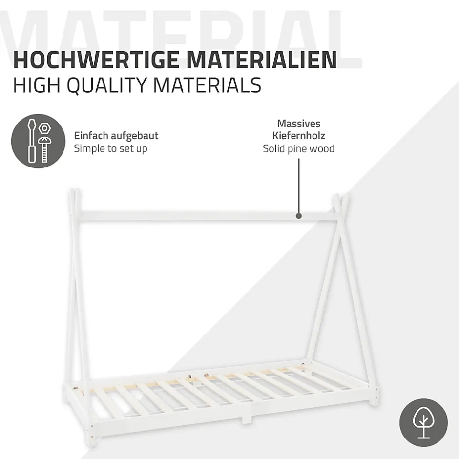Ml-Design Lit d'enfant Tipi 90x200 cm blanc simple en bois de pin avec sommier à lattes style indien