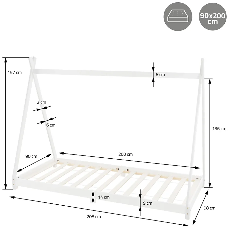 Ml-Design Lit d'enfant Tipi 90x200 cm blanc simple en bois de pin avec sommier à lattes style indien