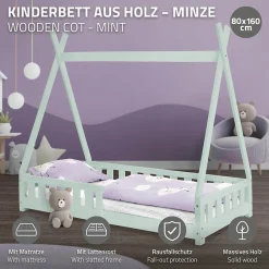 Enfant Ml-Design Lit d'enfant Tipi 80x160cm menthe en bois de pin massif style indien avec sommier matelas