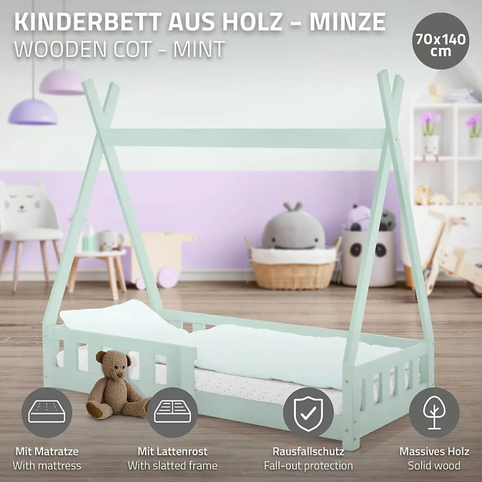 Enfant Ml-Design Lit d'enfant Tipi 70x140 cm menthe en bois de pin massif avec sommier matelas style indien