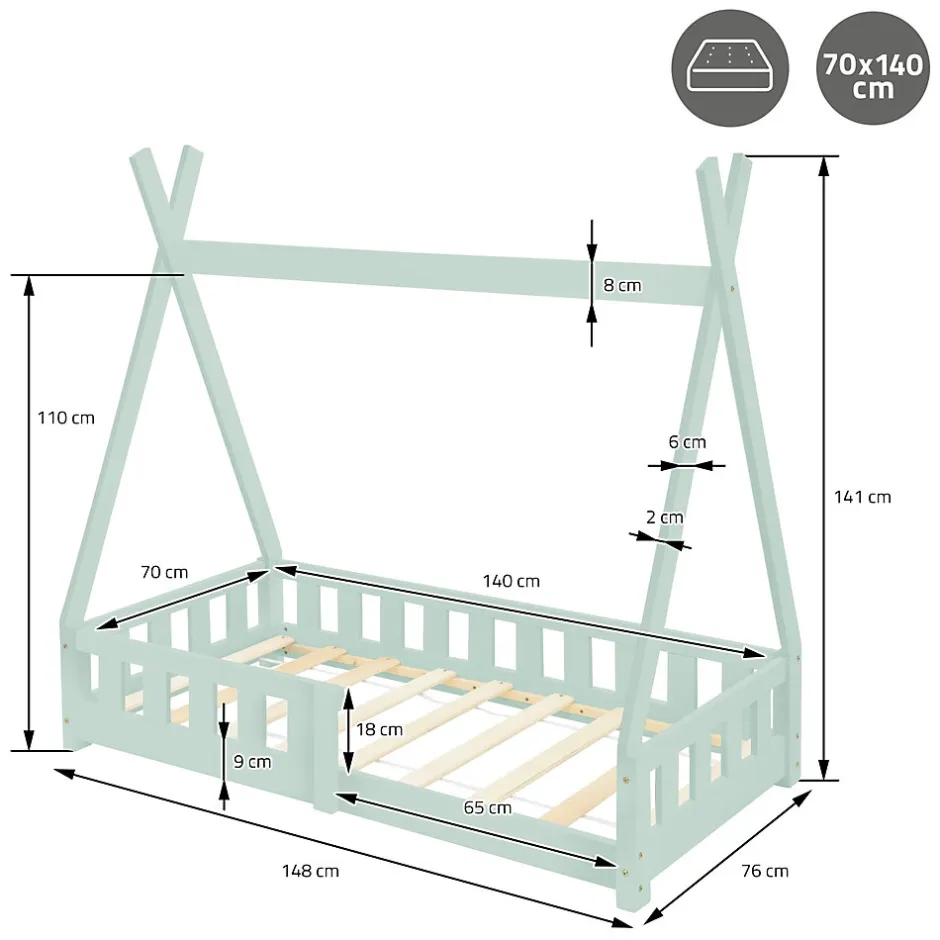Enfant Ml-Design Lit d'enfant Tipi 70x140 cm menthe en bois de pin massif avec sommier matelas style indien