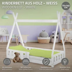 Ml-Design Lit d'enfant Tipi 70x140 cm blanc en bois de pin massif avec sommier matelas style indien Discount