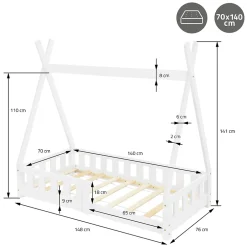 Ml-Design Lit d'enfant Tipi 70x140 cm blanc en bois de pin massif avec sommier matelas style indien Discount