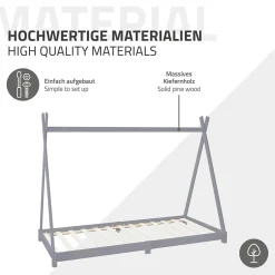 Ml-Design Lit d'enfant Tipi 90x200 cm gris clair en bois de pin massif style indien matelas H:10 cm Best