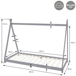 Ml-Design Lit d'enfant Tipi 90x200 cm gris clair en bois de pin massif style indien matelas H:10 cm Best