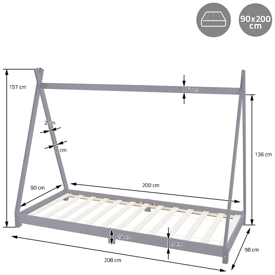 Ml-Design Lit d'enfant Tipi 90x200 cm gris clair en bois de pin massif style indien matelas H:10 cm Best