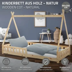 Enfant Ml-Design Lit d'enfant Tipi 90x200 cm naturel cadre en bois de pin style indien avec matelas H:10 cm