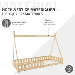 Enfant Ml-Design Lit d'enfant Tipi 90x200 cm naturel cadre en bois de pin style indien avec matelas H:10 cm